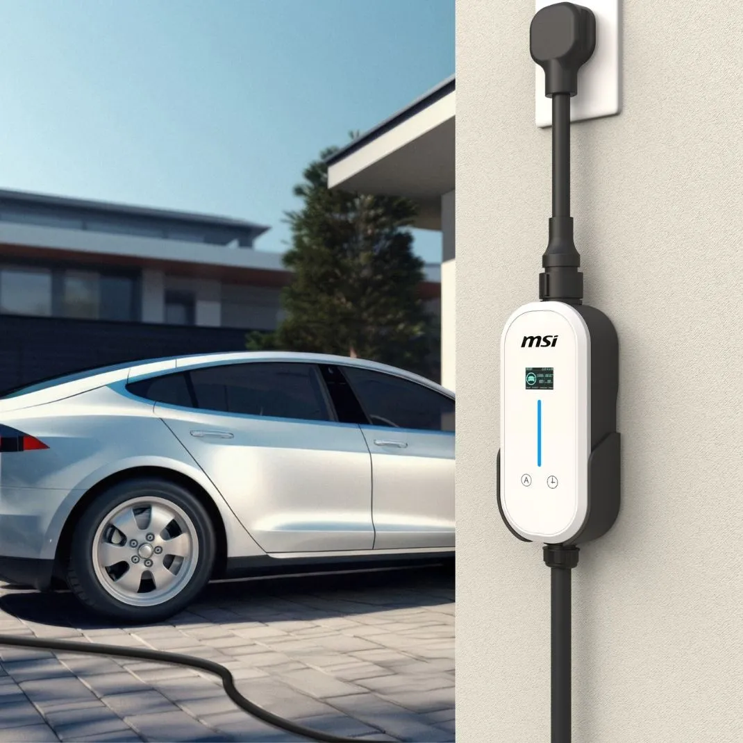 EZgo plugged into and mounted on a garage wall to charge and EV